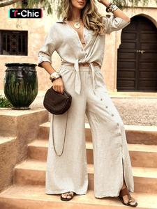 Women's Long Sleeve Loose Fit Shirt Set with Tie Hem, Single Button Decorated Wide Leg Pants, Casual All Season