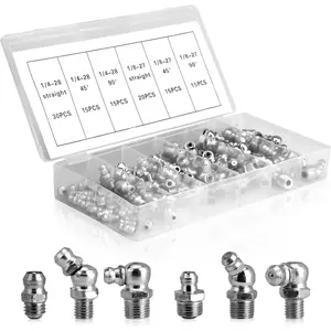 110Pcs Grease Fittings Kit, SAE Grease Fitting Assortment: 1/4" 1/8" Straight 45 90 Degree Angled Zerk Grease Fittings, Galvanized Steel Grease Zerk Kit for Replacing Broken Grease Fittings