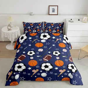 Feelyou 1-Pack Navy Blue Sports Themed Bedding Set - Quilt Comforter Duvet & Bedsheet Sets for Boys, Featuring Basketball, Football, Baseball Designs