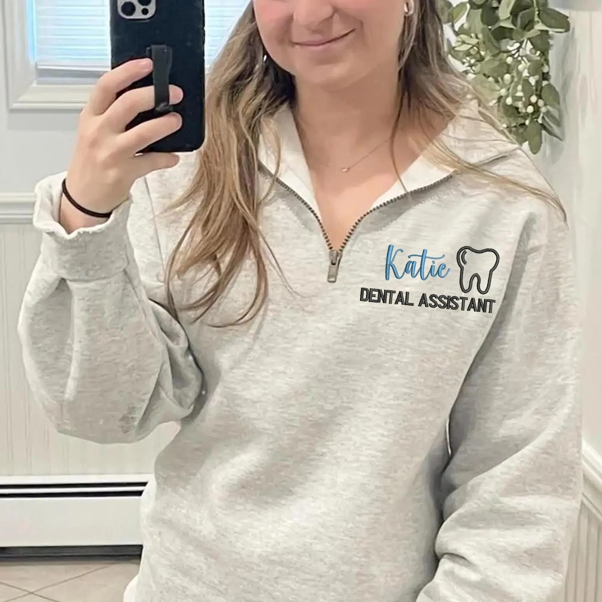 Custom Dental Assistant Quarter Zip Sweatshirt With Name Embroidery, Personalized Gift For Hygienist Or Dental Staff, Cute Workwear Top
