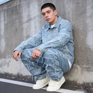 Mens High Street Fashion Bleached Distressed Ripped Raw Hem Patchwork Straight Leg Denim Jeans, Vintage Blue Wash Stretch Cotton Relaxed Fit Casual Street Style Hip Hop Pants