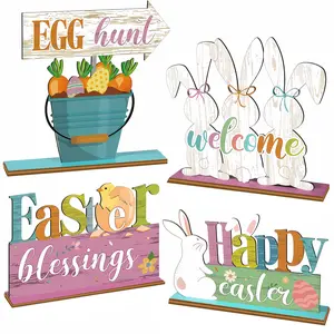 4pcs Easter Joy Table Centerpiece Decoration Wooden Bunny Ornament, Perfect for Easter Party Dining Table Decor, Huang Yang Wood Design