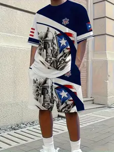 Men's summer two-piece set, Matching, featuring Puerto Rico flag, Coqui frog and Taino cultural symbols print, color-blocked short-sleeve T-shirt and shorts, quick-drying and breathable fabric, suitable for home relaxation and outdoor sports
