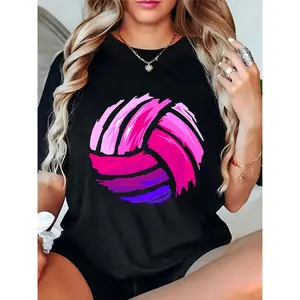 Women’s Black Volleyball Graphic T-Shirt – Vibrant Pink & Purple Brush Stroke Volleyball Design, Casual Sporty Everyday Wear for Ladies 100% Cotton T-shirt