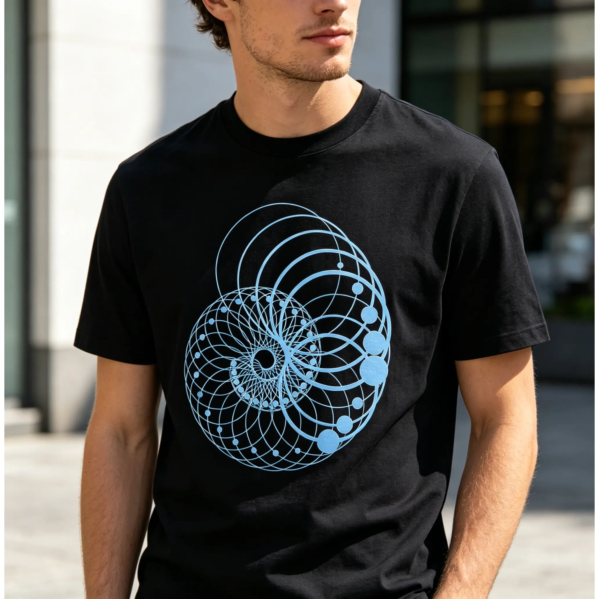 Menswear Round Neck Short-Sleeve Pure Cotton Graphic T-Shirt - Abstract Geometric Spiral Print, Unique Blue Lines Design, Street Fashion Brand, Casual Comfortable Summer Top, Unisex Couple Style