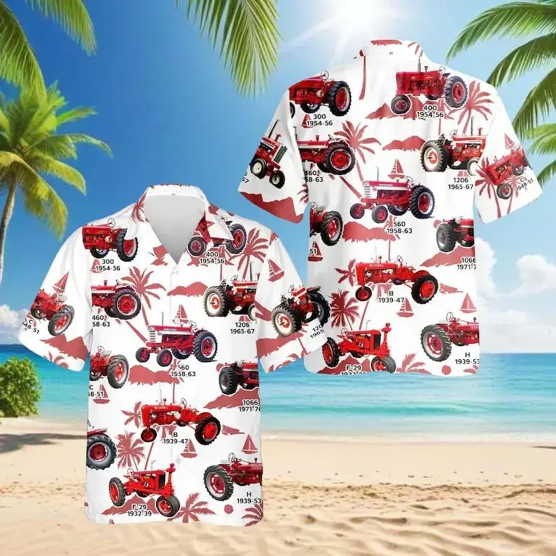 International Harvester Hawaiian Shirt Men Women Red Tractor Print Summer Beach Button Up Casual Streetwear Loose Fit Farmer Gift Vacation Festival Party Comfortable Tropical Farm, Gift for Men and Dad