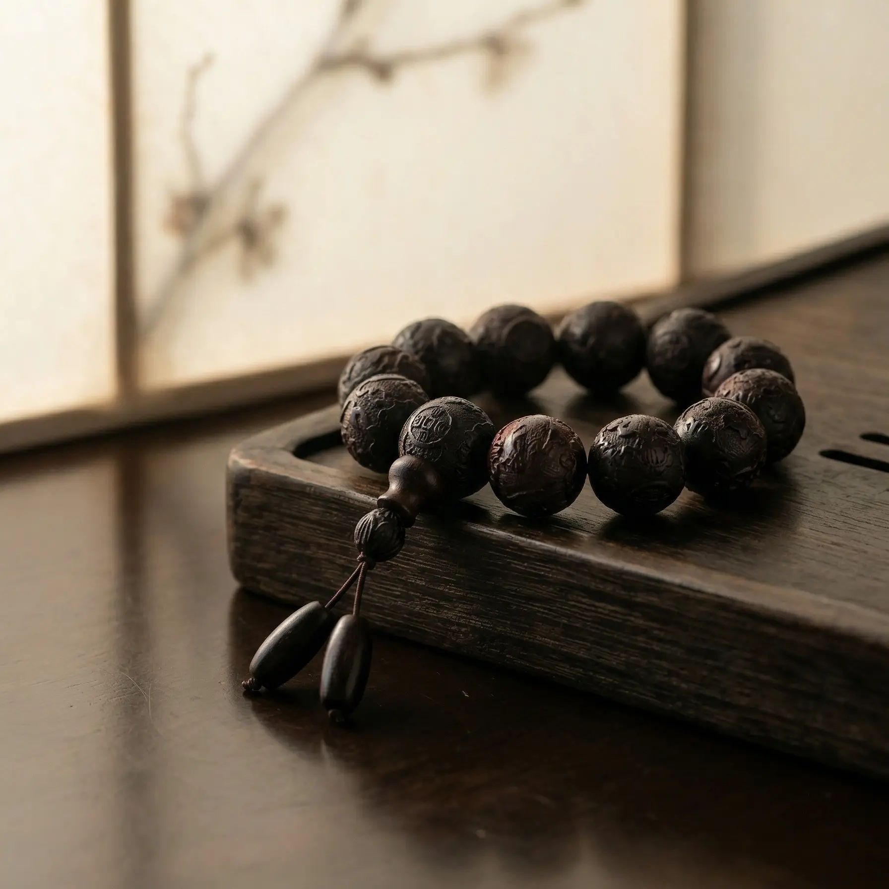OrientalMind Men's Collectible Ethnic Style Ebony Wood Bracelet, Handcrafted with Auspicious Cloud Carved Relief and 'Wealth & Treasure' Engraving, Collectibles, Culture
