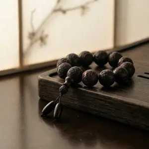 OrientalMind Wealth-Bringing Carving Black Ebony Wood Bracelet - Handcrafted with 'Wealth and Treasure' Engraving for Men & Collectors