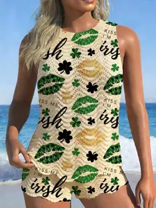 St Patrick's Day Spring Summer New Women's American Style Four-Leaf Clover Lip Letter Knit Sweater Vest Top + Short Pants Set