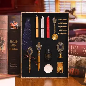 Magic Gem Feather Pen Harry Potter Style Vintage Wax Seal Dip Ink Pen Gift Box Birthday Present, Retro European Design Writing Tool