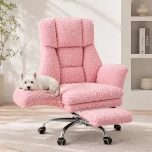 Big & Tall Rose Velvet Office Desk Chair - Plush Ergonomic Recliner with Flip-Up Arms for Cross-Legged Sitting, Footrest, Pet-Friendly Design