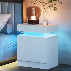 Night Stand with Charging Station, Modern Nightstand with LED Light and 2 Drawers, Bedside Tables/End Table for Bedroom