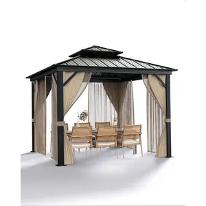 YJ-Garvee 10'x10' Hardtop Gazebo for All Weather, with Double Metal Roof, Aluminum Alloy Frame, Net, and Curtain, Permanent Building for Patio, Deck, Backyard, Lawn, and Garden, Khaki