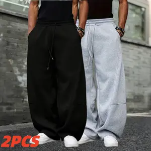 Men's 2-Pack Wide-Leg Sweatpants with Curved Hem American Street-Style Relaxed Fit Heavyweight Knit Fabric Resists Pilling Classic Black & Gray Casual Menswear summervibes
