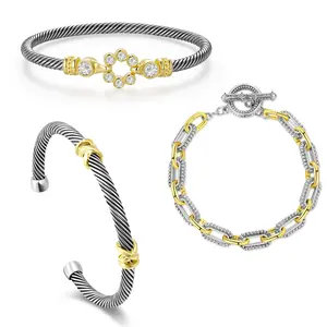 Aprilery 3-Piece Twisted Cable Bracelet Set – Trendy Elegant Two-Tone Jewelry with Sparkling Zircon and Adjustable Cuff Knot Accents, Minimalist Chic for Women