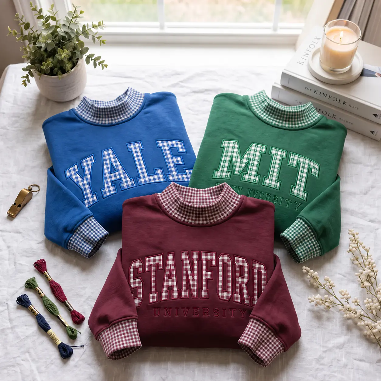 Personalized Gingham Mock Neck Sweatshirt, Custom University Name Applique Pullover, Unisex Collegiate Crewneck, Graduation Gift