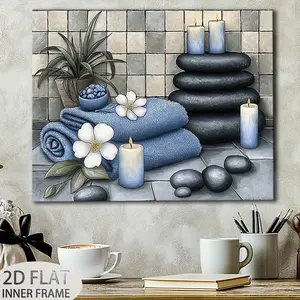 1 piece of spa-style wooden framed decorative painting - Serene Blues: Towels, Candles, Stones, and Flowers, featuring soothing blue tones, modern minimalist bathroom decor, canvas with wooden frame, tranquil aesthetics, suitable for home decoration and h