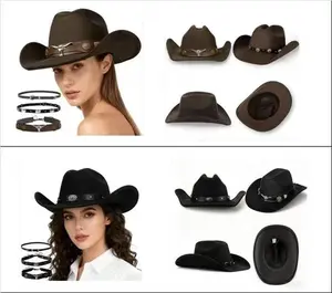 Western Cowboy Hat for Men Women Classic Fedora Hat Felt Cowgirls Hats with Two Decorative Bands