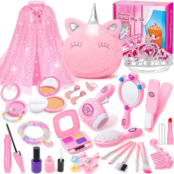 Kids Makeup Kit for Girl, Princess Toys Pretend Play Makeup Girls Toys, Kids Makeup Sets for Girls Beauty Salon Set Hair Accessories with Mirror, Hairdryer, Princess Cape Crown Handbag,Birthday Gifts