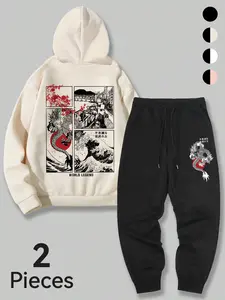 Men's Two-Piece Set with Dragon Wave Comic Print Hoodie and Sweatpants, Soft Comfortable Fabric, Fall Winter Street Style