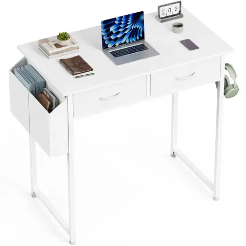 Sweetcrispy Sturdy Armless Wood Office Desk - Ample Workspace with 3-way Storage, Fabric Side Bag, Headphone Hook, Drawers Organizer, Metal Frame, Adjustable Legs, Multi-Compartment Workstations for Home Office Writing Study