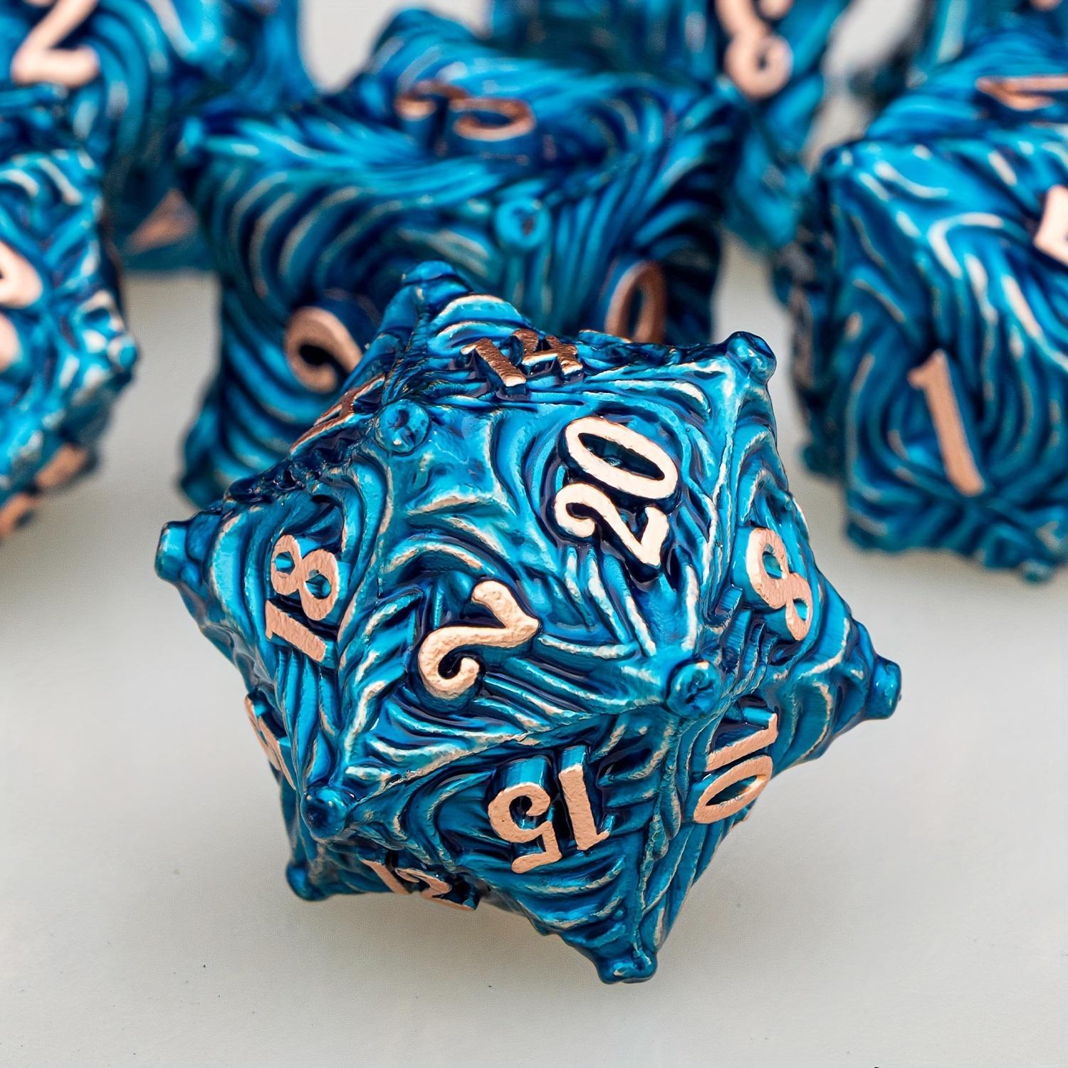 DND Metal Dice Set Blue Dungeons and Dragons Dice 7pcs Vortex Design D&D Dice Polyhedral Dice RPG D and D Role Playing Games Dice D20 D12 D10 D8 D6 D4