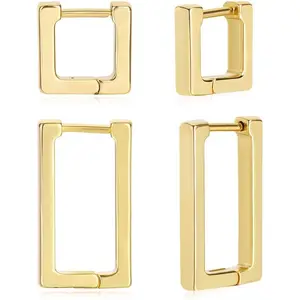 2 Pairs 14K Gold Plated Minimalist Hoop Earrings Small Dainty Geometric Square and Rectangle Huggies Hoops for Girls Women Gift, gold, silver and black