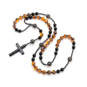 Natural Obsidian Yooperlite Rosary Necklace UV Reactive Protection Necklace Hematite Stone Cross Pendant Necklace Gift for her,gift for him#SummerWins #DealsForYouDays