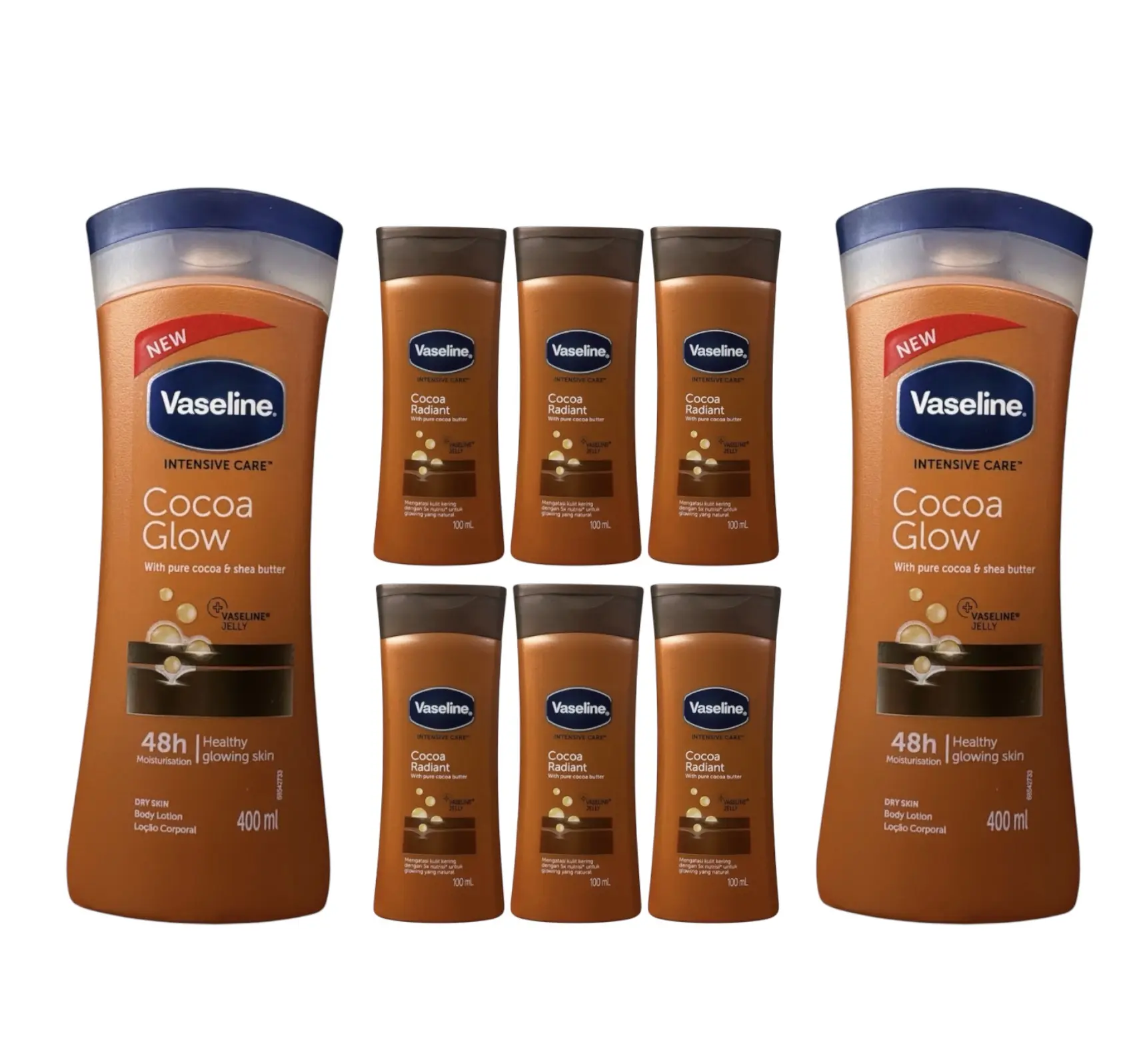 Vaseline Cocoa Glow 400mL 2 Pack & Cocoa Radiant 100mL 6 Pack Body Lotion