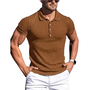 Beige Fitted Cotton Blend Ribbed Polo - Short Sleeve, Regular Sleeve, Medium Clothing Length, Plain Pattern, Casual Style for Summer Season