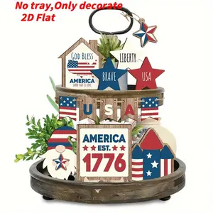 Wooden Tiered Tray Decor, 13pcs/set Independence Day Themed Wooden Ornament, Home Decor for Living Room Bedroom, Vanity Decor Accessories