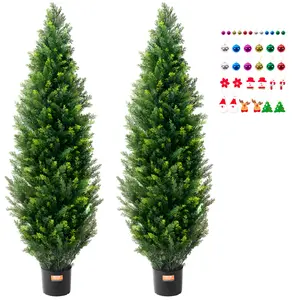 VEVOR Artificial Cedar Topiary Tree,  60 inch Tall (2 Pieces), with Extra Leaves & Pot Faux Evergreen Fake Pine Cypress Trees Plant, UV Rated Artificial Greenery Set for Home Decor Indoor/Outdoor