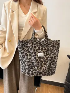 2026 Stylish Versatile Leopard Print Double-Sided Plush Tote Bag, Retro Large Capacity Shoulder Handbag for Casual Use