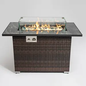 44" Rectangular Gas Fire Pit Table - 50000 BTU Outdoor Furniture Set, Tile Tabletop, Wicker Base for Patio, Garden