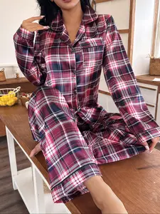 Women's Casual Loungewear Home Set, Soft Fabric Long Sleeve Button-Up Top & Elastic Waist Pants, All-Over Striped Pattern, Fitted Style