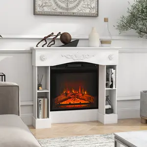 Baroque Fireplace Mantel – Freestanding Fireplace Surround with Legs for Electric Fireplaces. 45.3"W x 39.4"H. 4 Storage Compartments. Ornate Baroque Design. Anti-Tipping Kit. White
