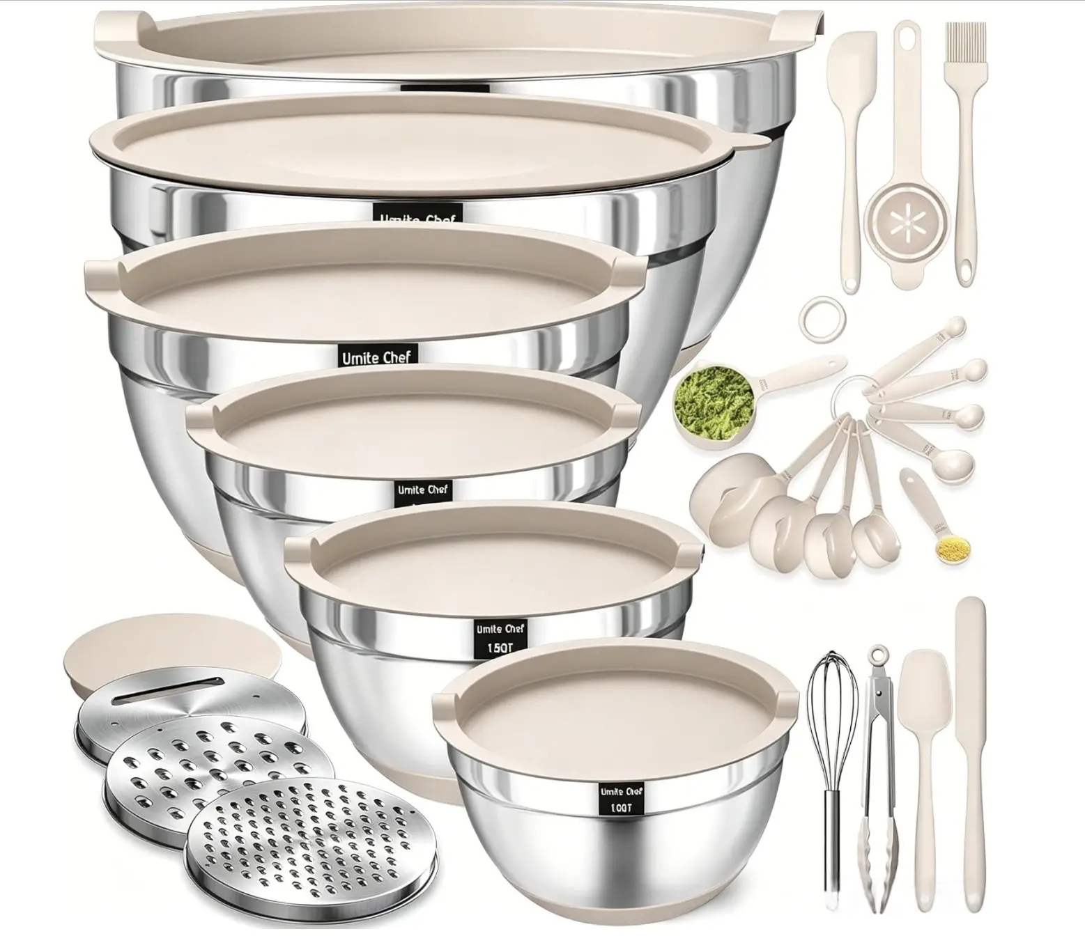 Mixing Bowls with Airtight Lids Set, 26PCS Stainless Steel Khaki Bowls with Grater Attachments, Non-Slip Bottoms & Kitchen Gadgets Set, Size 7, 4, 2.5, 2.0,1.5, 1QT, Great for Mixing & Serving