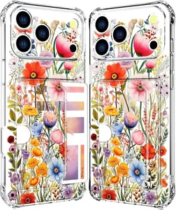 Compatible with iPhone 17 Pro Case Card Holder for Women Cute Design,Wallet Phone Cases Transparent Cool Kawaii Protective (Clear Flowers Lily Girly Florals)
