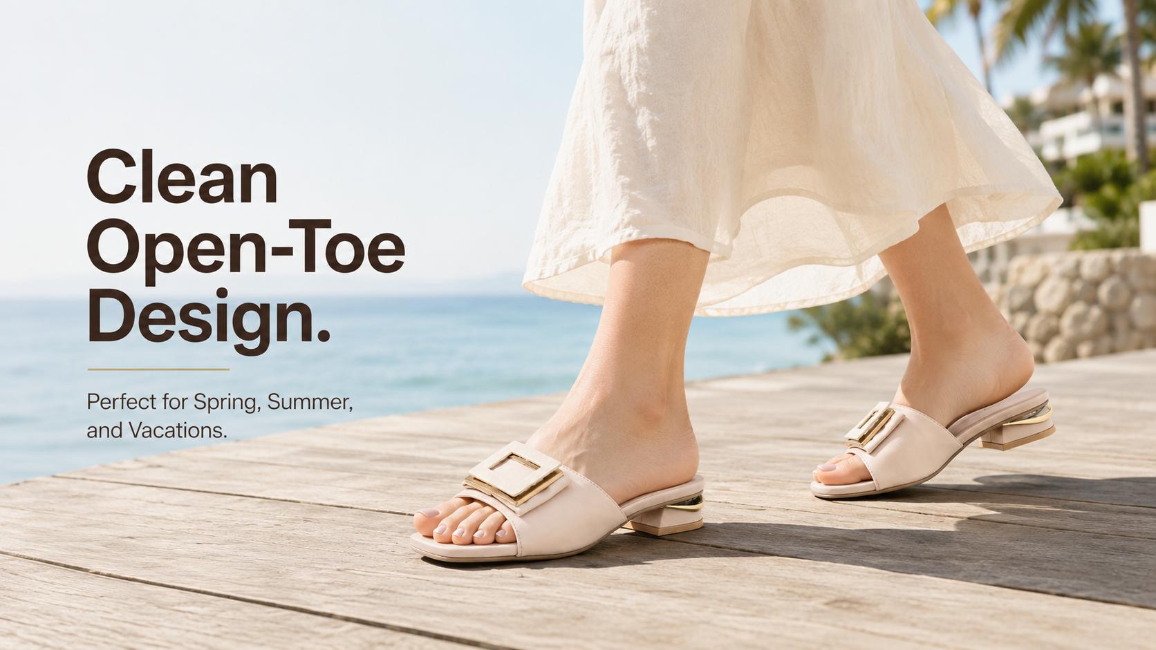 GeeYea women’s Nude Buckle Slide Sandals, Open Toe Low Heel Slip-On Dress Sandals with Square Buckle Accent, PU Upper & PVC Sole, Elegant Office, Date Night & Spring Summer Shoes