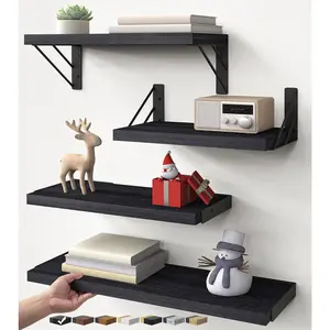Wall Mounted Floating Shelves, Wood Floating Wall Shelf for Books & Decor, Small Space-Saving Display & Organizer(Black,Set of 4)