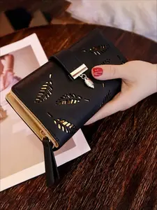 Chic Women’s PU Leather Wallet - Elegant Long Purse with Gold Hollow Leaves for Coins and Cards Leather Zipper Wallet Elegant Fashion Wallet