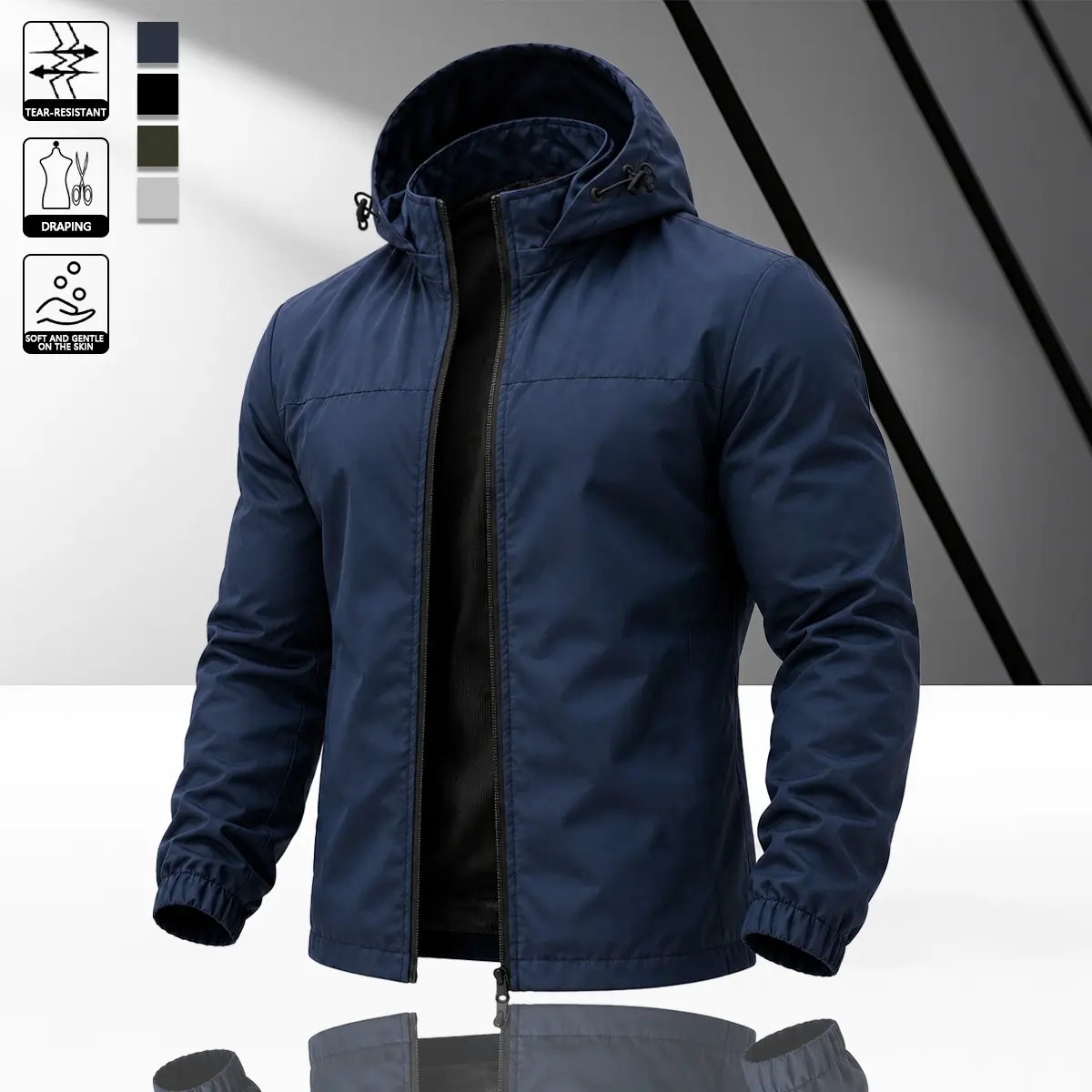 Men’s navy blue basic hooded windproof jacket, waterproof fabric, adjustable drawstring hood, elastic cuffs, full zip closure, suitable for everyday wear, casual outings, and all-season use.