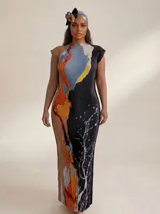 Elegant Boho Plant Print Robe Set, Multicolor Shawl Dress + Long Headscarf Hairband, Women's Beach Sun Protection Satin Scarf, Beach Cover Ups, Bathing Suit Cover