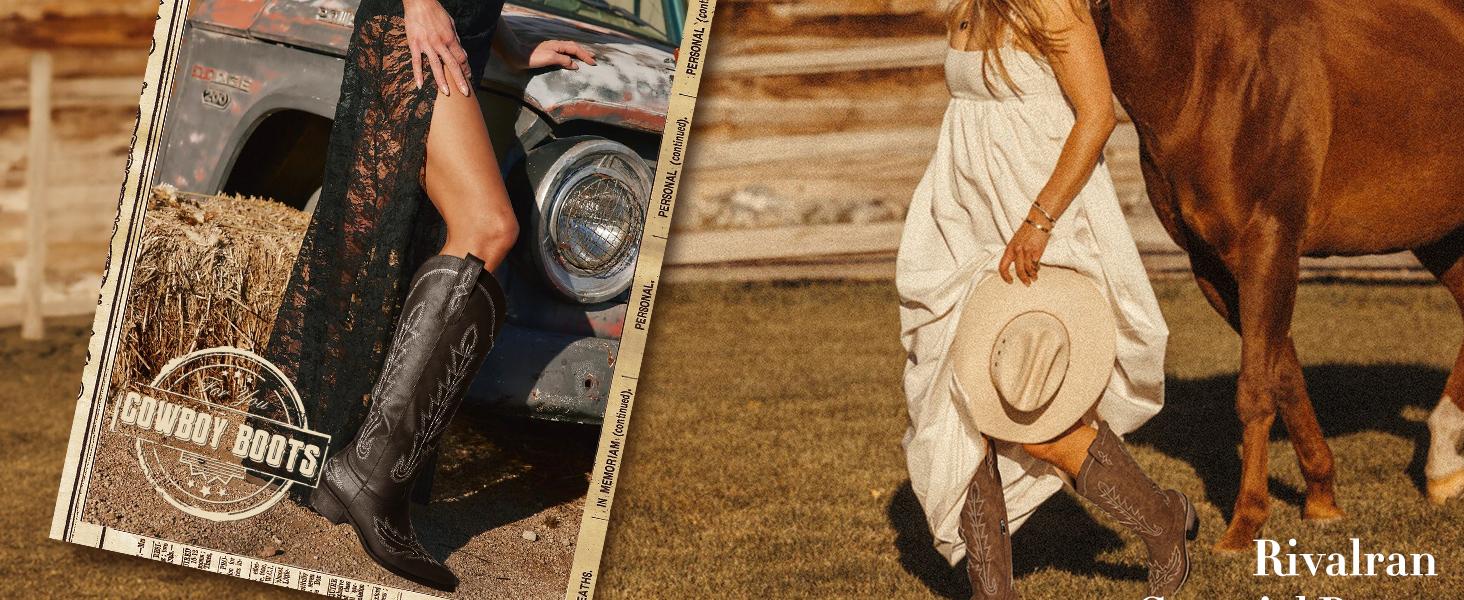 【Rodeo】Wranglette Women's Red Embroidered Knee-High Cowboy Boots – Western Snip Toe, Gold Stitching, Distressed Faux Leather | Rodeo & Festival Ready | Wide-Foot Friendly, Cushioned Insole | Keywords: red cowboy boots women, knee-high western boots,