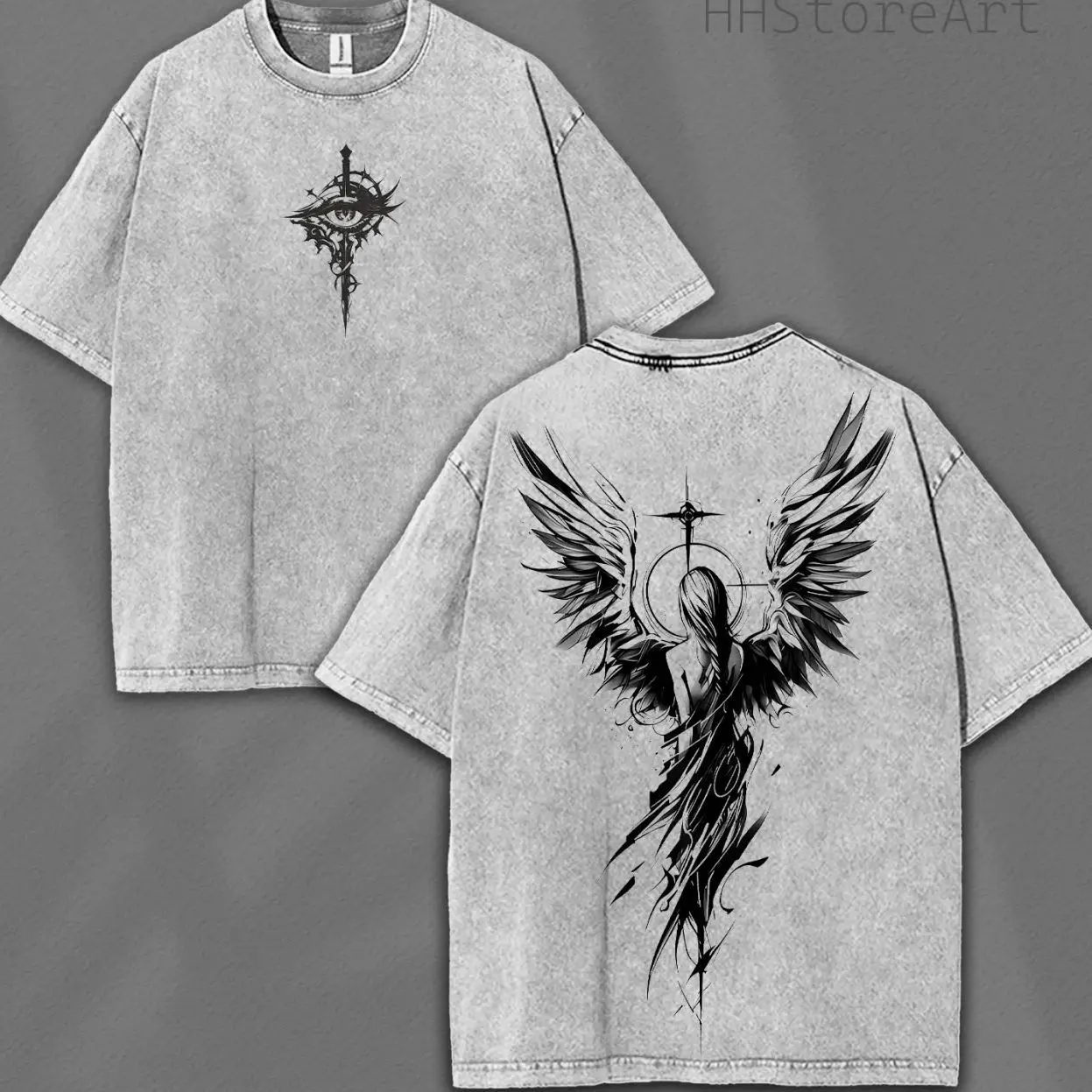 Oversized Washed Tee: Dark Angel Graphic, Alt Fashion 4IR