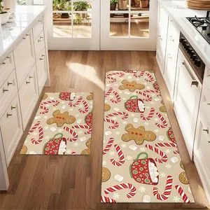 2Pcs Christmas gingerbread man candy Floor mat set for farmhouse kitchen Rug restaurant floor laundry room decor carpet mat Cartoon Pattern Rug Decorative Area Rug
