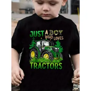 [Cotton Tractors Boy T-Shirt] Comfy Cotton "Just a Boy Who Loves Tractors" T-Shirt |   Casual Short Sleeve Top with Tractor Graphic - Ideal for Summer Outdoor Wear