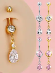 14G Dangle Teardrop Belly Button Ring Cubic Zirconia Water Drop Belly Rings 316L Hypoallergenic Stainless Steel Belly Button Piercing Jewelry Dangling Dainty Navel Ring for Women
