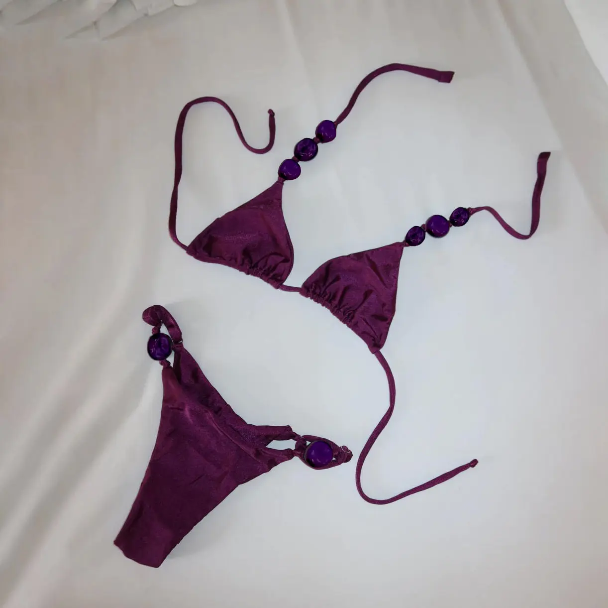 2026 bead-beaded mini bikini two-piece set—fashionable, sexy, solid color, low-rise women’s two-piece swimsuit set; casual holiday hot spring outfit beach set