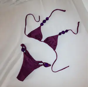 2026 bead-beaded mini bikini two-piece set—fashionable, sexy, solid color, low-rise women’s two-piece swimsuit set; casual holiday hot spring outfit beach set